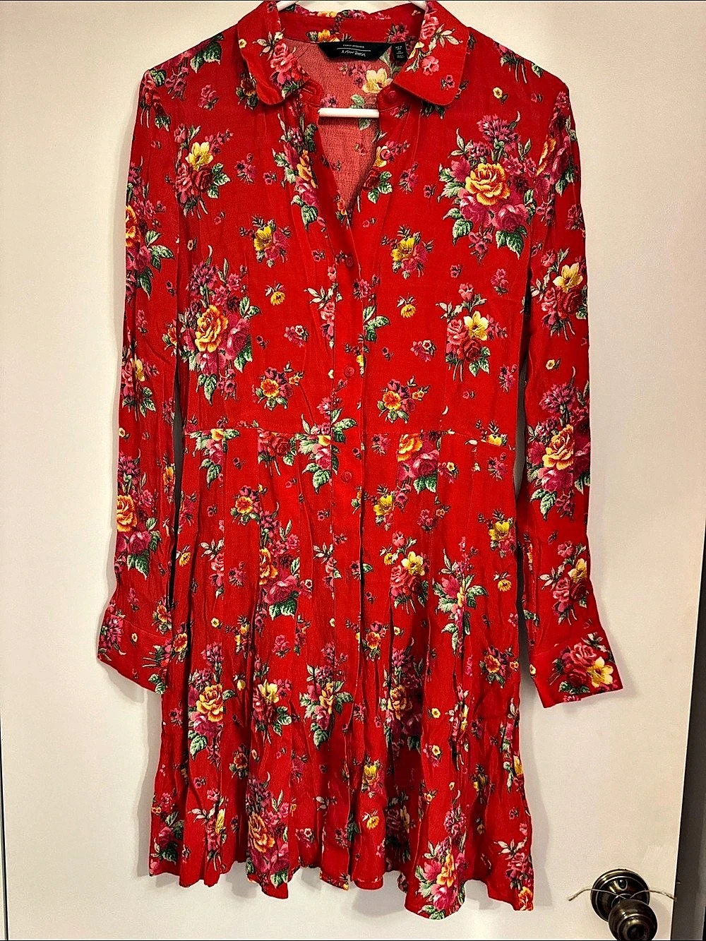 & Other Stories Floral Button Front Collared Mini Dress in Red